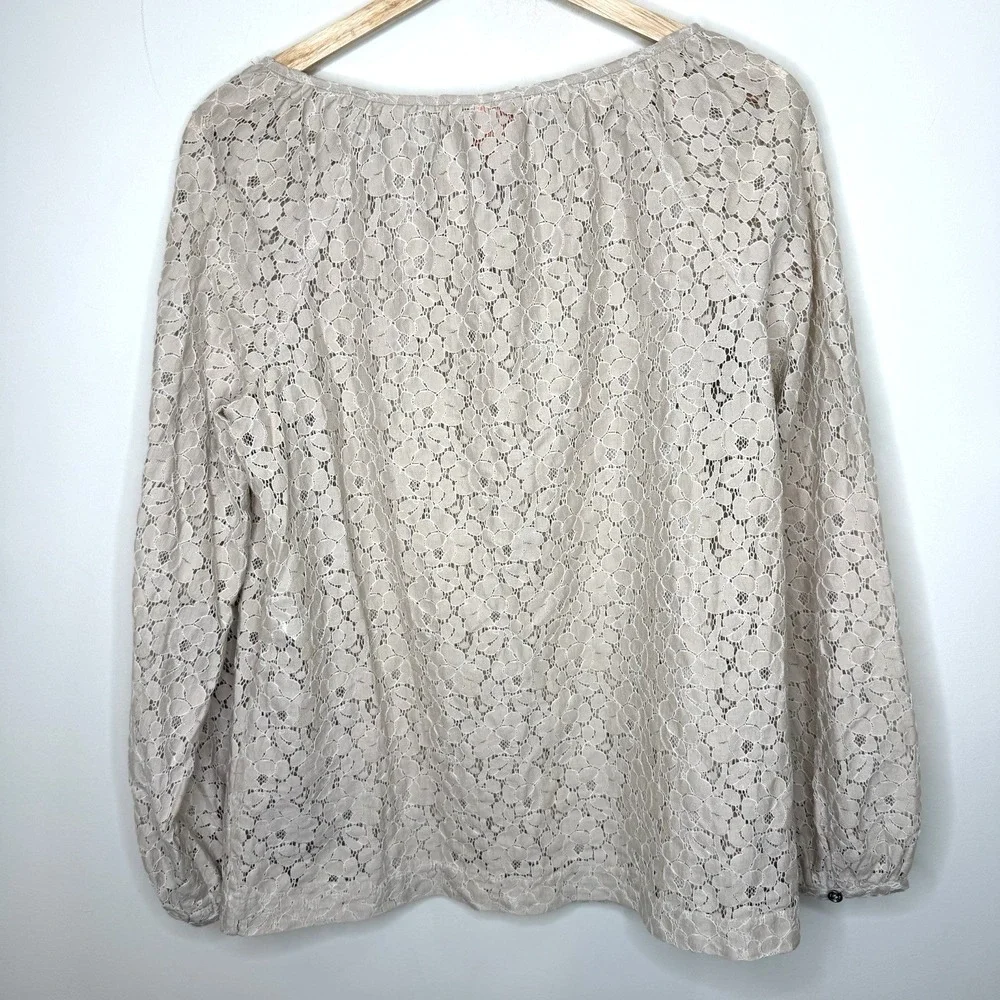 Tory‎ Burch Lace Blouse Top 10 Beige Neutral Cottage Whimsical Coastal Peasant